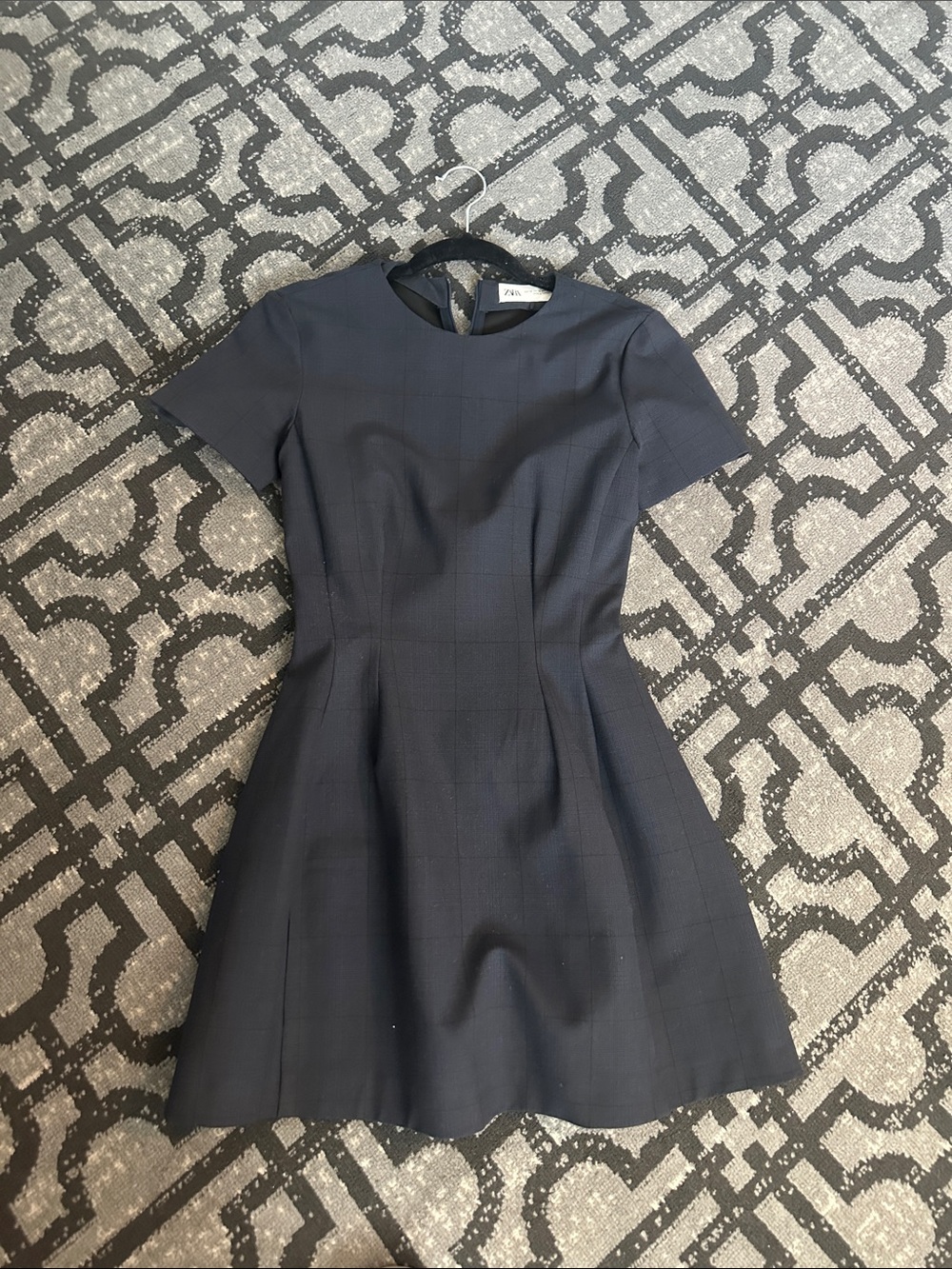 Zara Navy Short-Sleeve A-Line Midi Dress